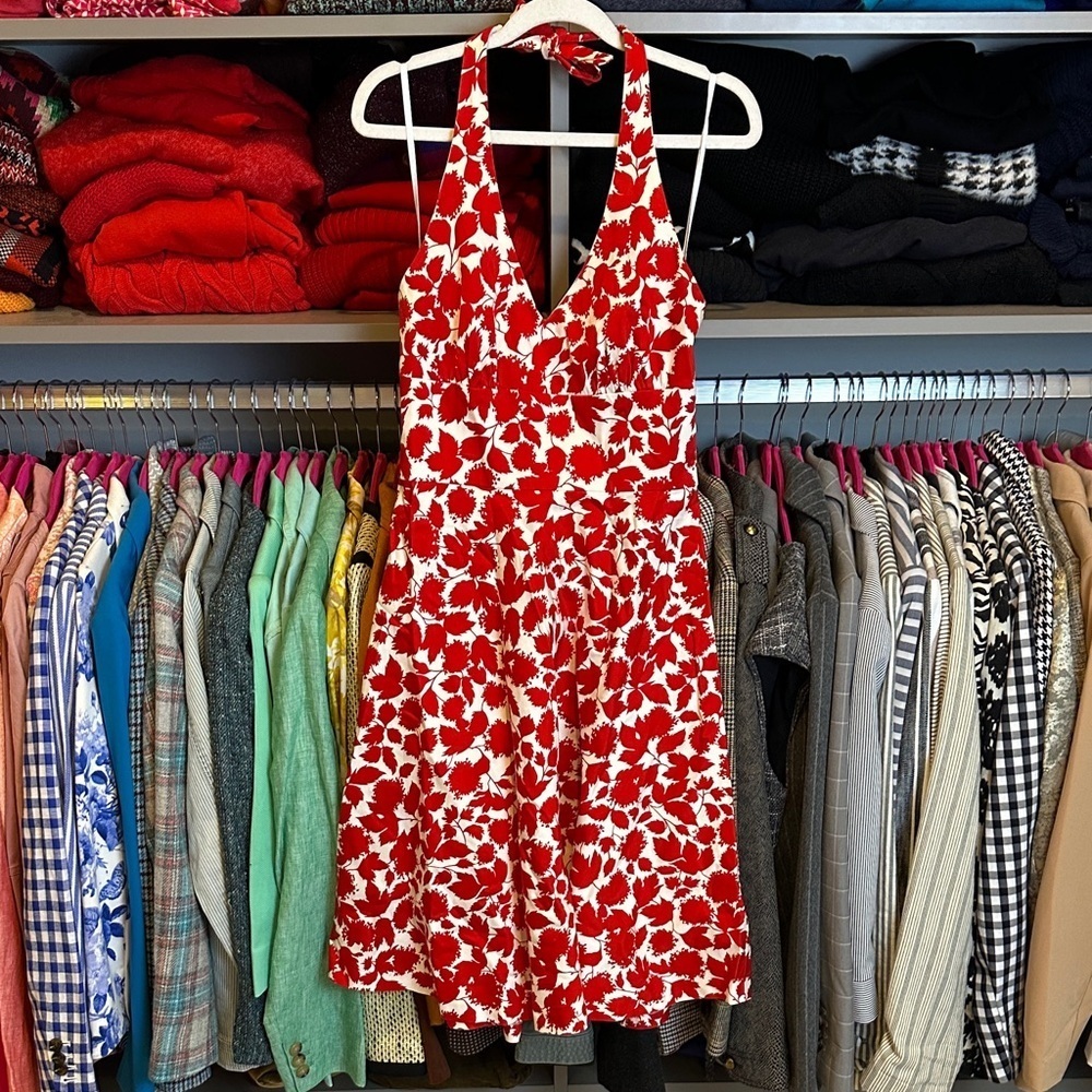 Donna Rocco white/red floral halter neck backless midi dress size 4